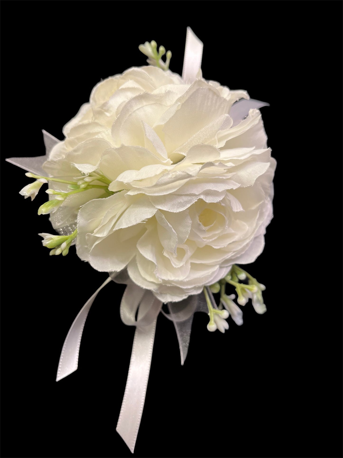 Wrist Corsage White Roses with White Bow