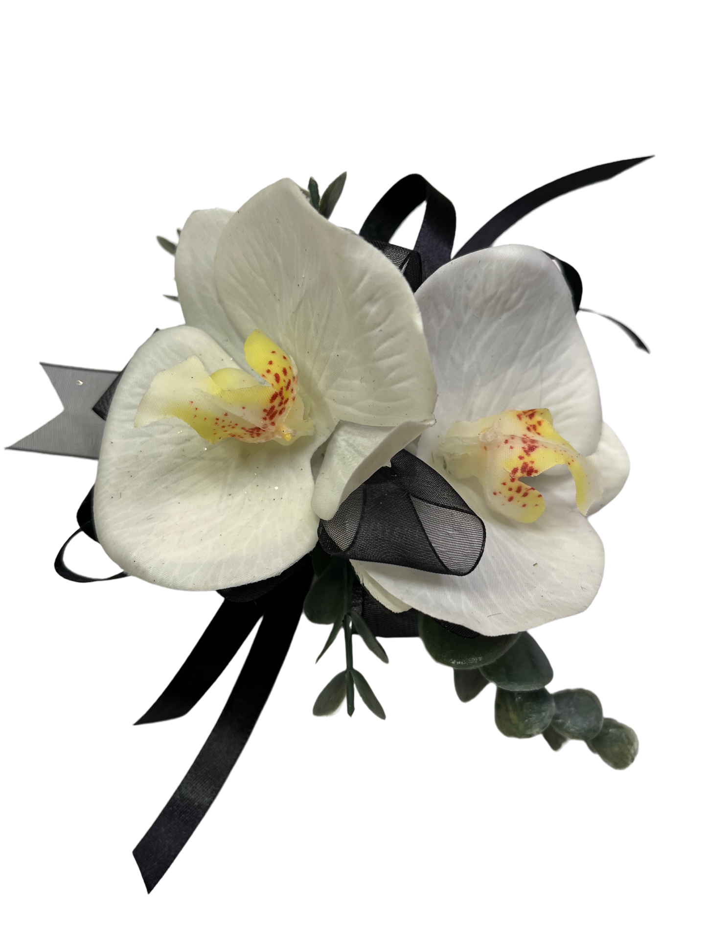 Wrist Corsage White Orchids with Black Ribbon