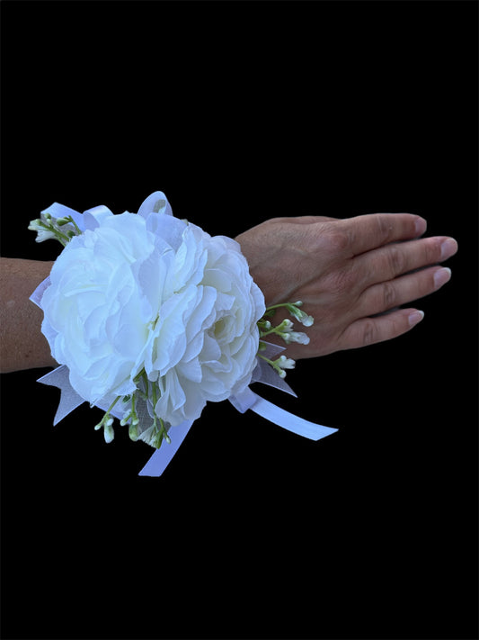 Wrist Corsage White Roses with White Bow