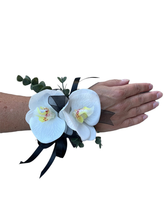 Wrist Corsage White Orchids with Black Ribbon